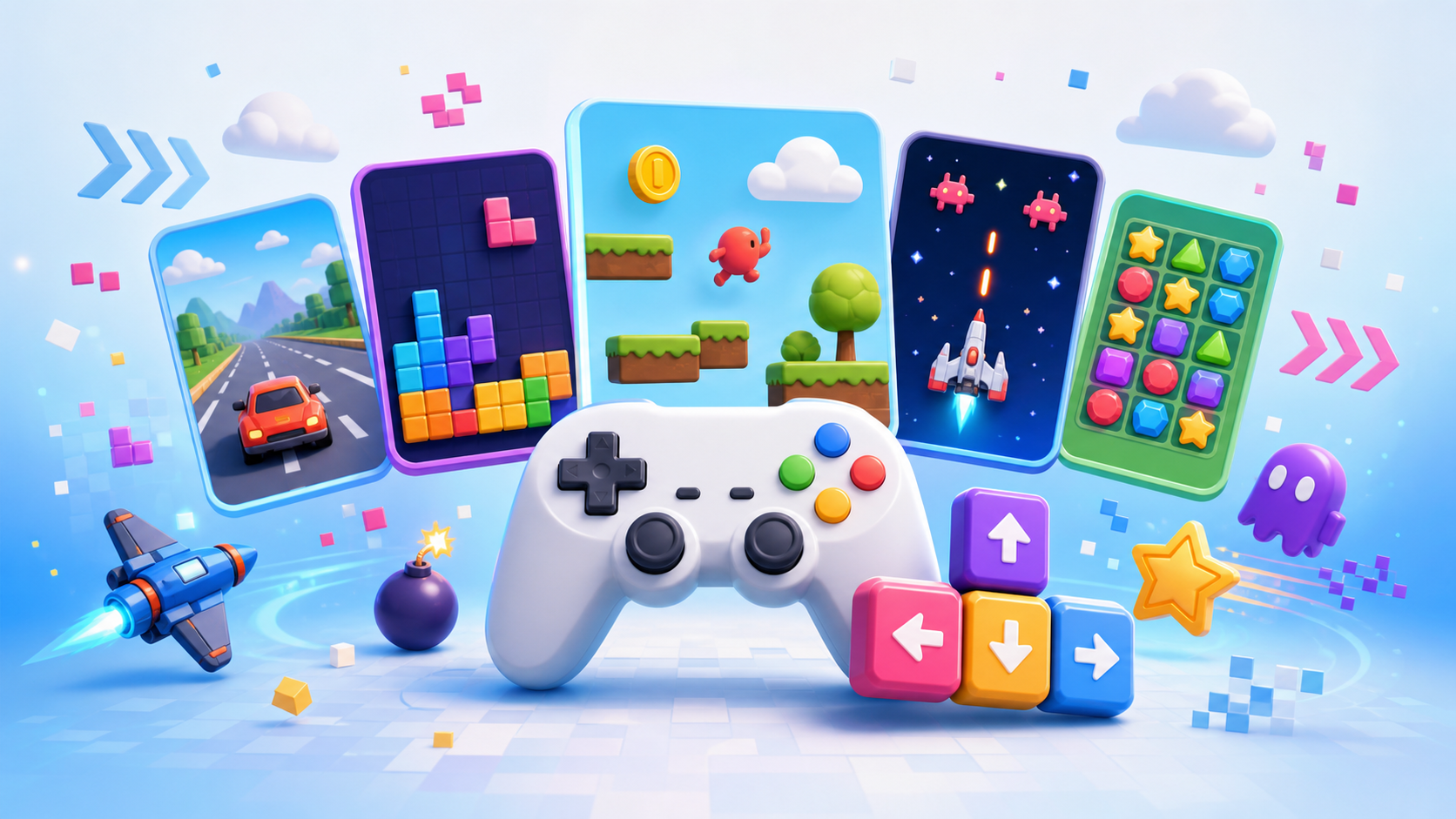 Colorful arcade controller and browser game tiles